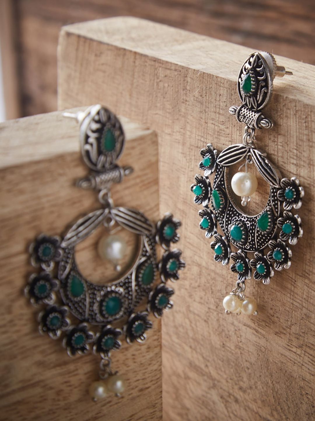 ATIBELLE Green & Silver-Plated Classic Chandbalis Earrings
