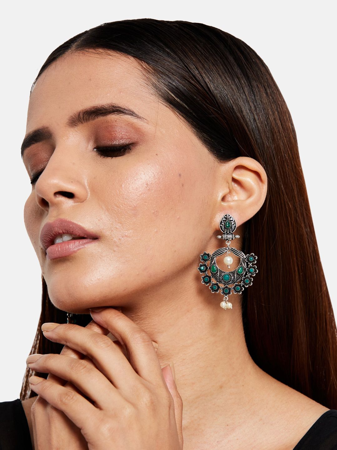 ATIBELLE Green & Silver-Plated Classic Chandbalis Earrings