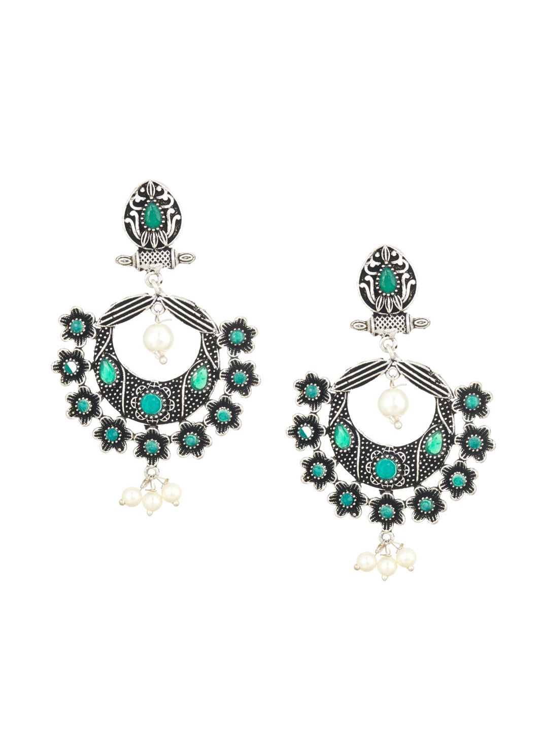 ATIBELLE Green & Silver-Plated Classic Chandbalis Earrings