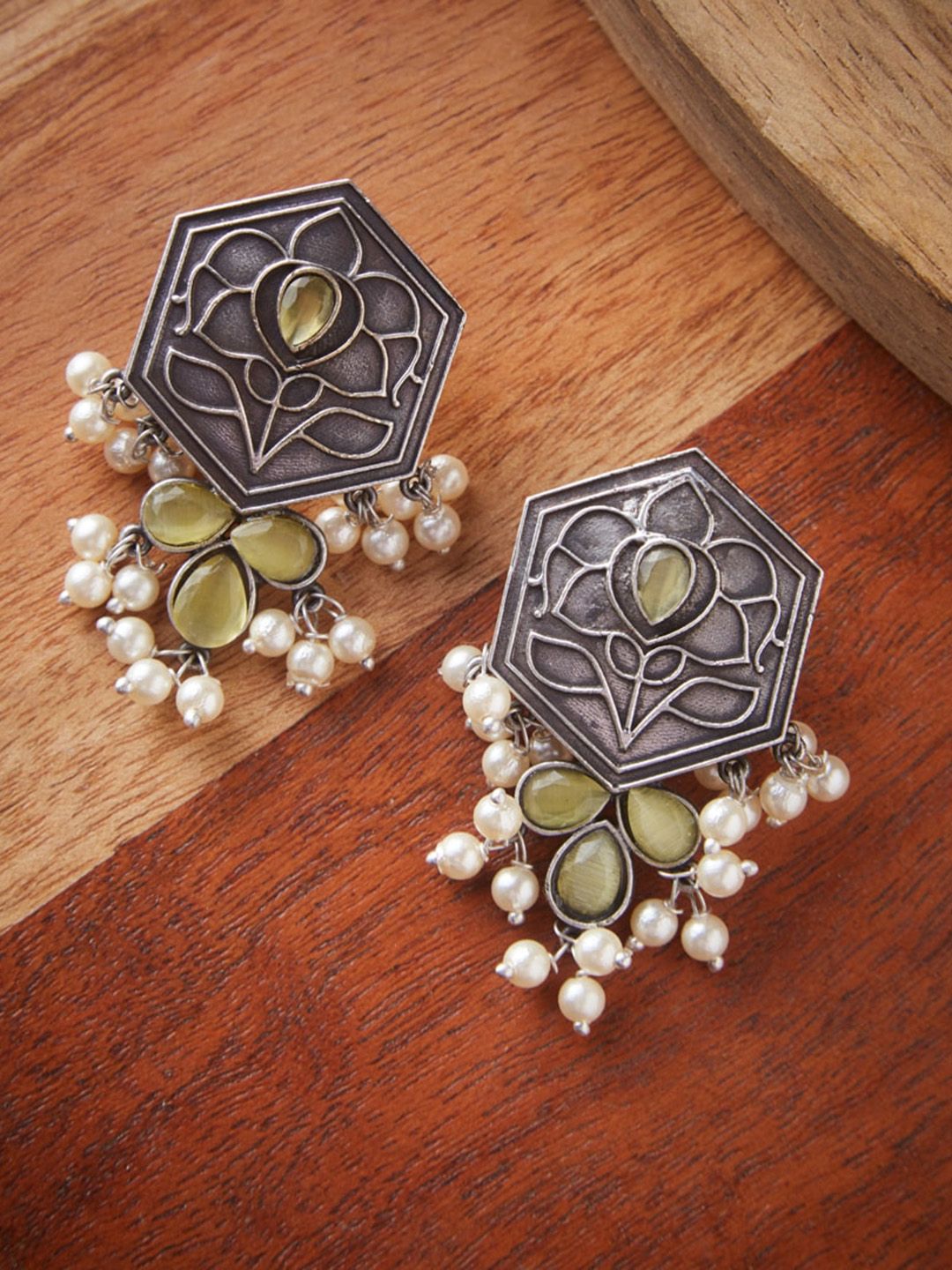 ATIBELLE Silver Plated & Grey German Silver Oxidised Contemporary Drop Earrings