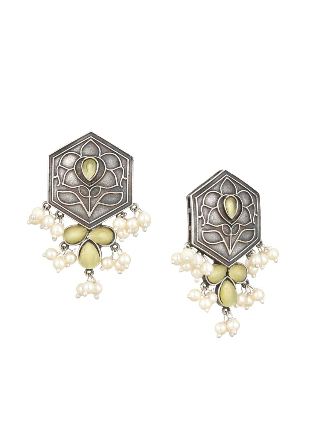 ATIBELLE Silver Plated & Grey German Silver Oxidised Contemporary Drop Earrings