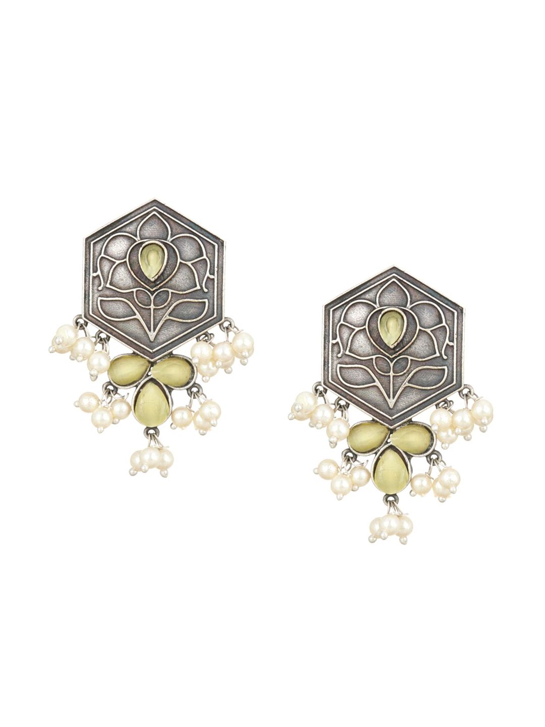 ATIBELLE Silver Plated & Grey German Silver Oxidised Contemporary Drop Earrings
