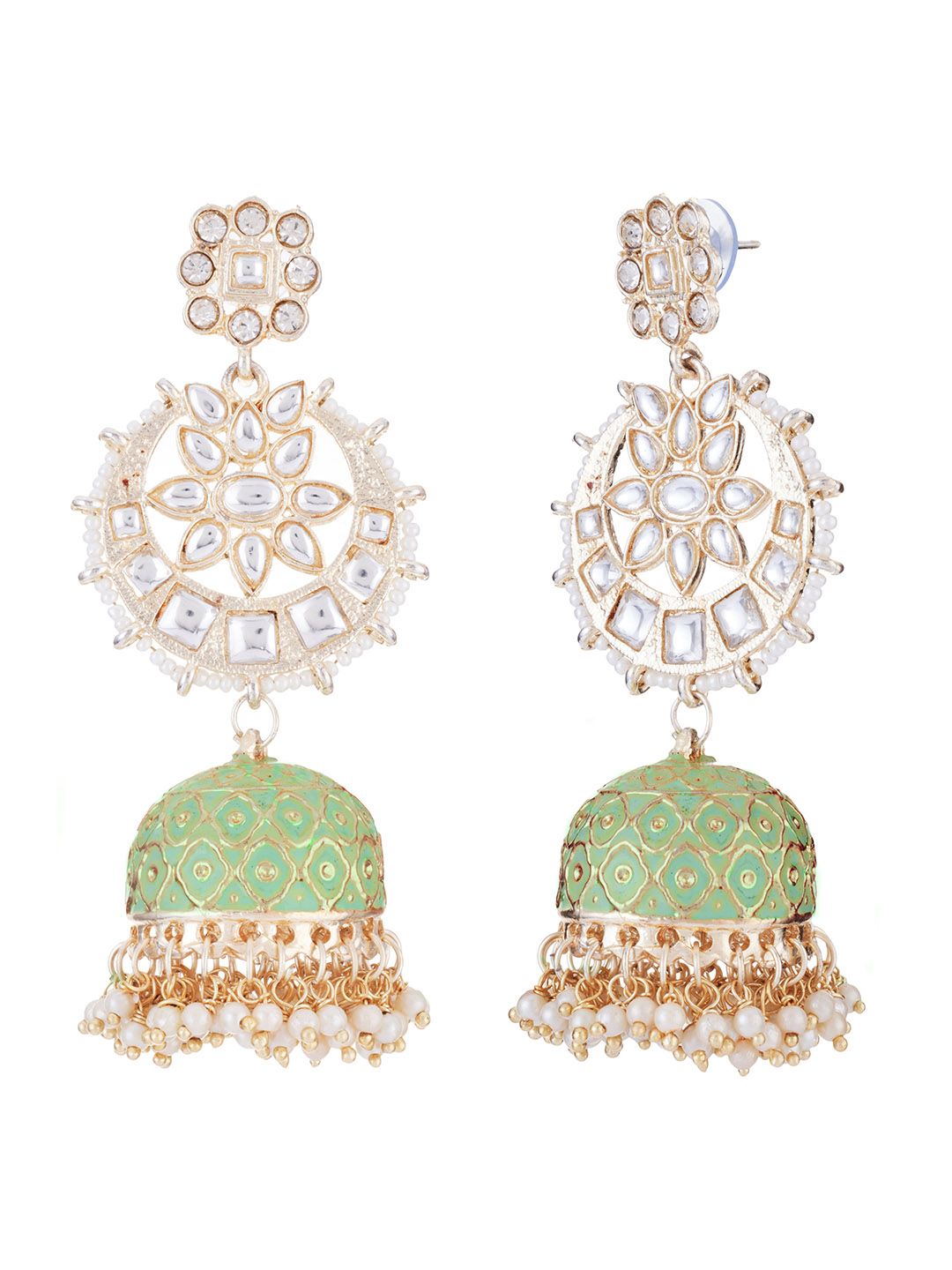 ATIBELLE Green & Gold-Plated Kundan Classic Jhumkas Earrings