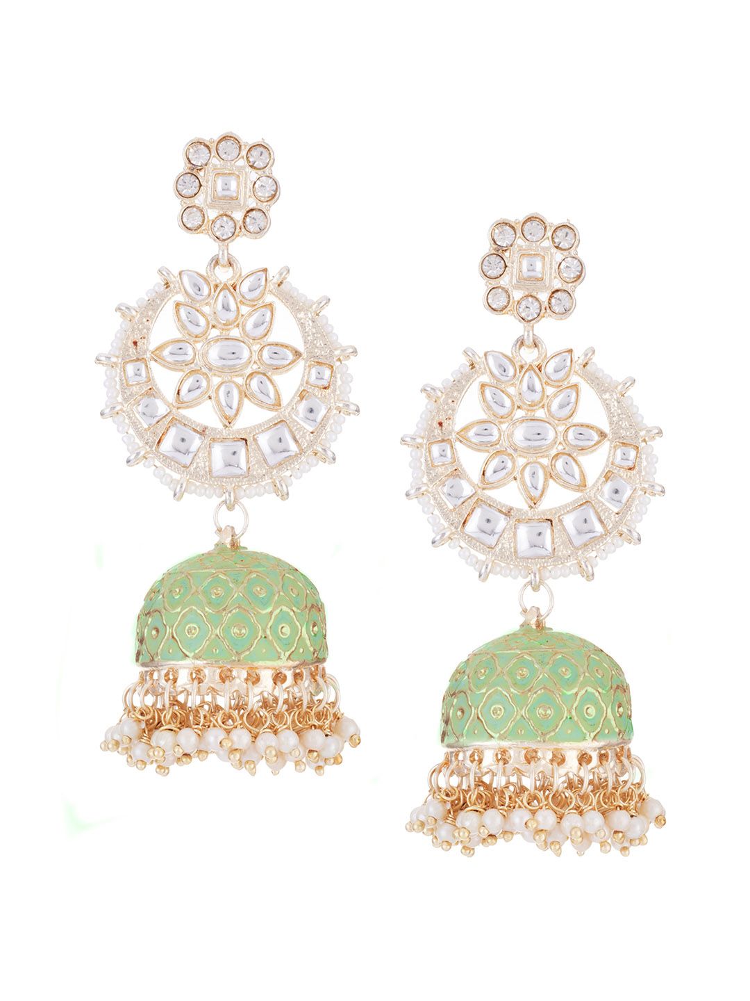 ATIBELLE Green & Gold-Plated Kundan Classic Jhumkas Earrings
