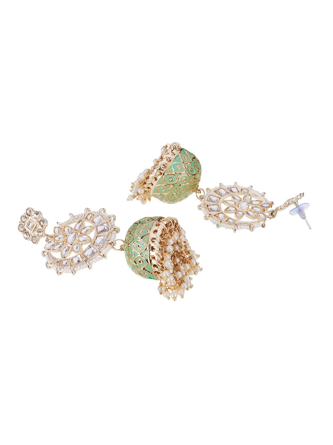 ATIBELLE Green & Gold-Plated Kundan Classic Jhumkas Earrings