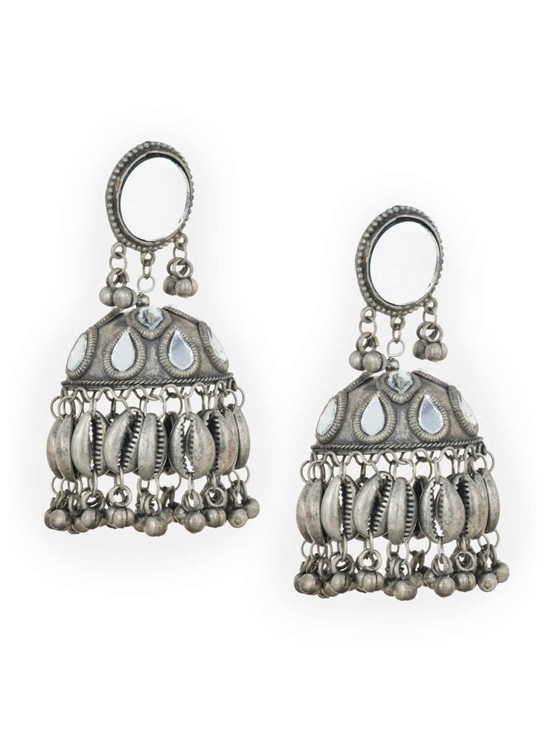 ATIBELLE Silver-Plated Oxidised Dome Shaped Jhumkas Earrings