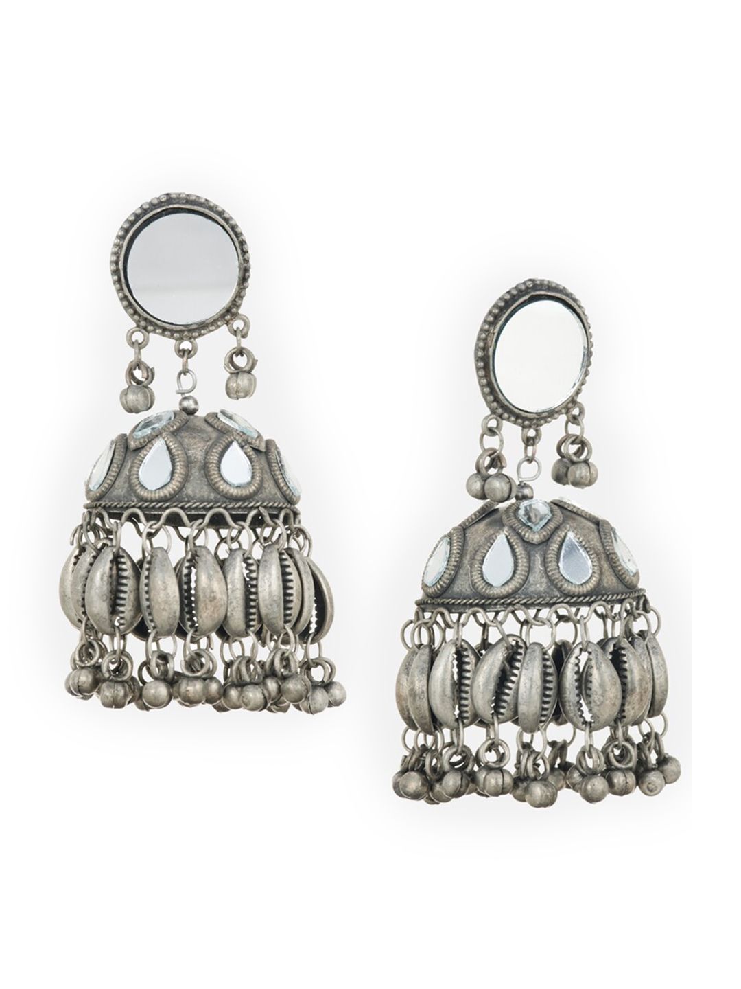 ATIBELLE Silver-Plated Oxidised Dome Shaped Jhumkas Earrings