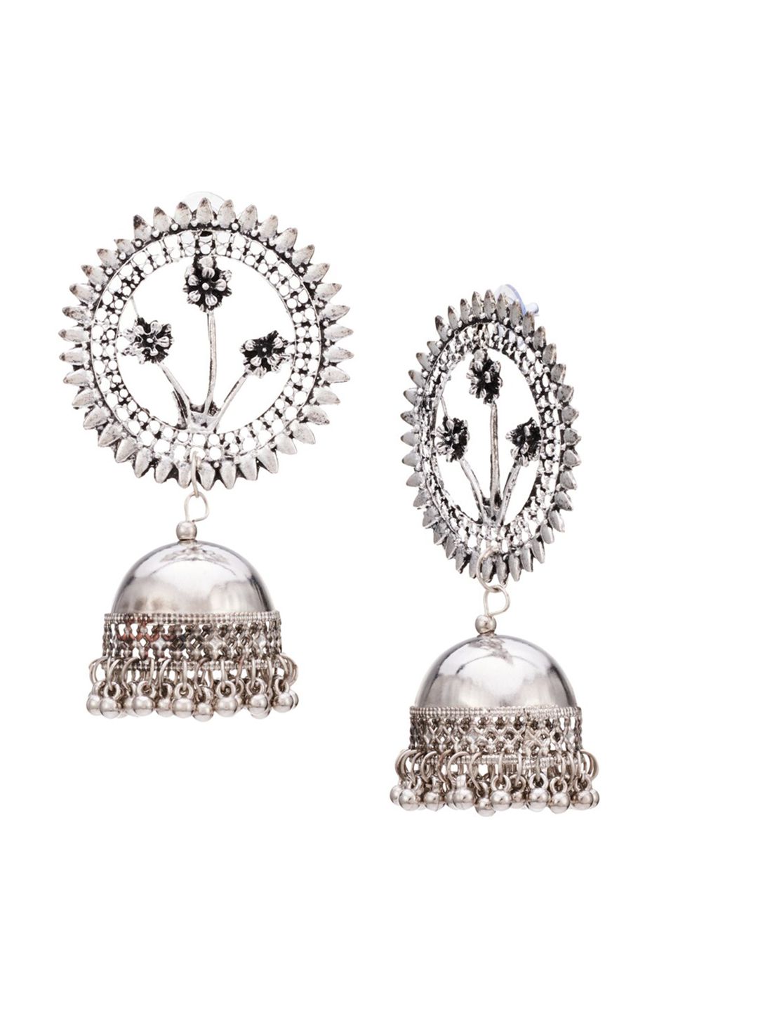 ATIBELLE Silver-Plated Floral German Silver Jhumkas Earrings
