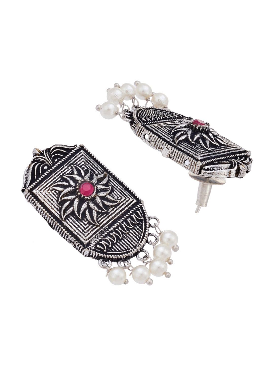 ATIBELLE Silver-Plated & Pink Floral German Silver Drop Earrings
