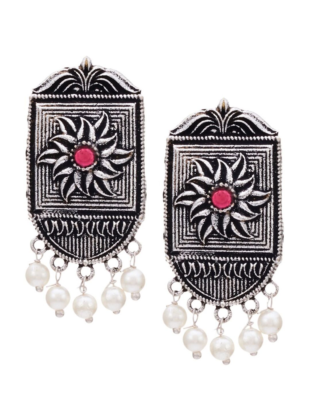 ATIBELLE Silver-Plated & Pink Floral German Silver Drop Earrings