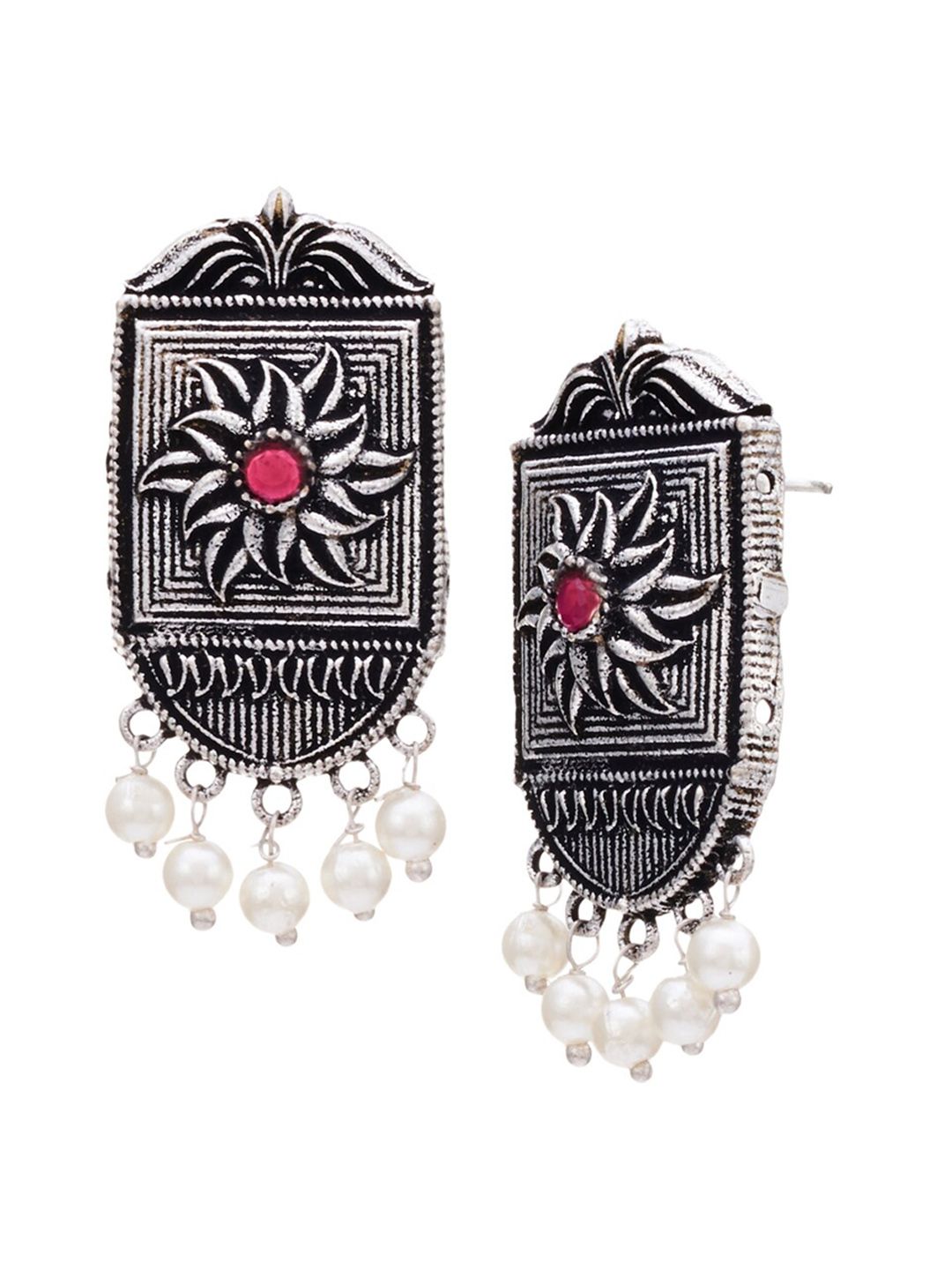 ATIBELLE Silver-Plated & Pink Floral German Silver Drop Earrings