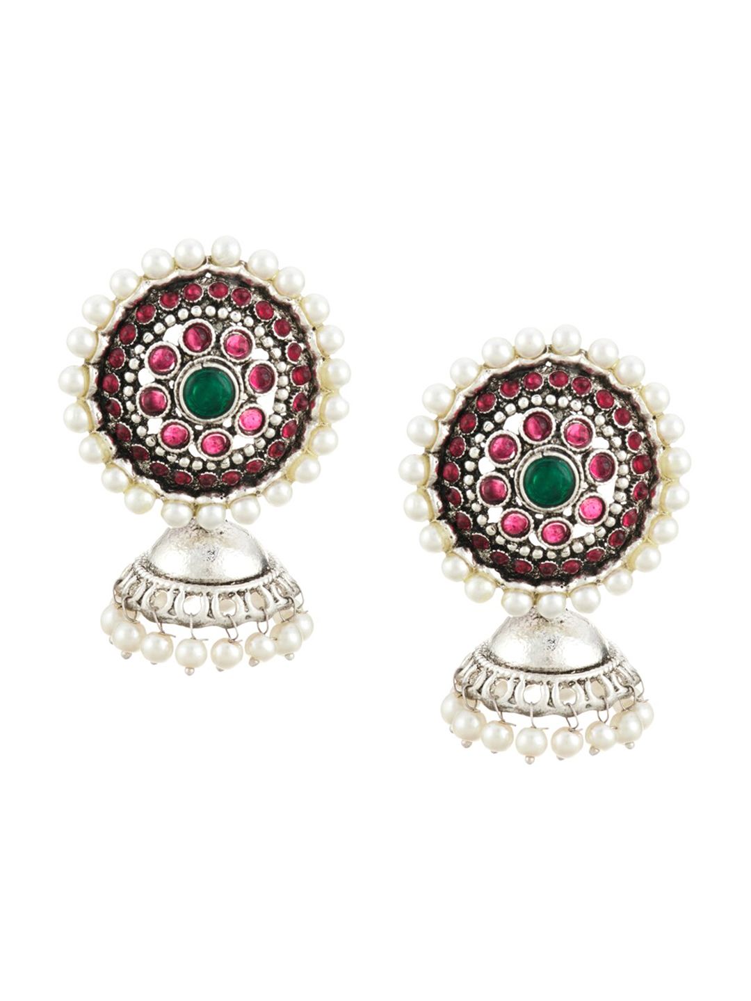 ATIBELLE Silver-Plated & White Classic Jhumkas Earrings
