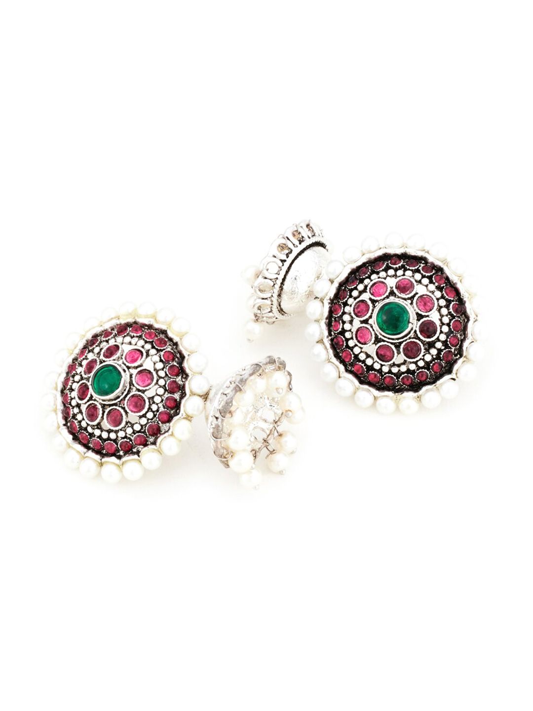 ATIBELLE Silver-Plated & White Classic Jhumkas Earrings