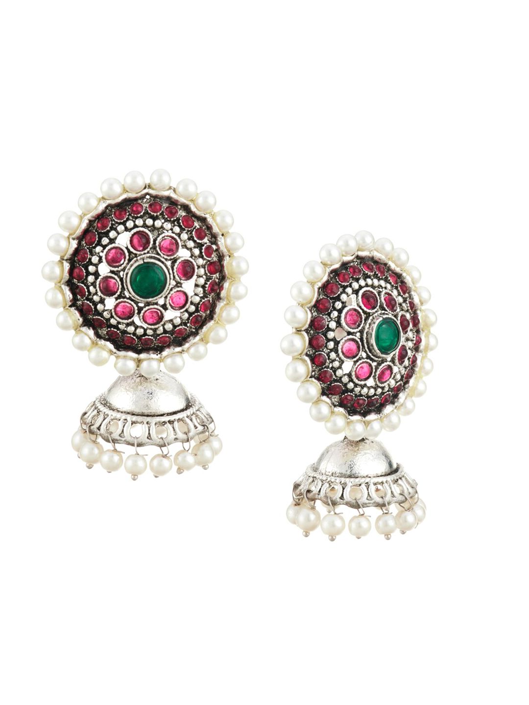 ATIBELLE Silver-Plated & White Classic Jhumkas Earrings