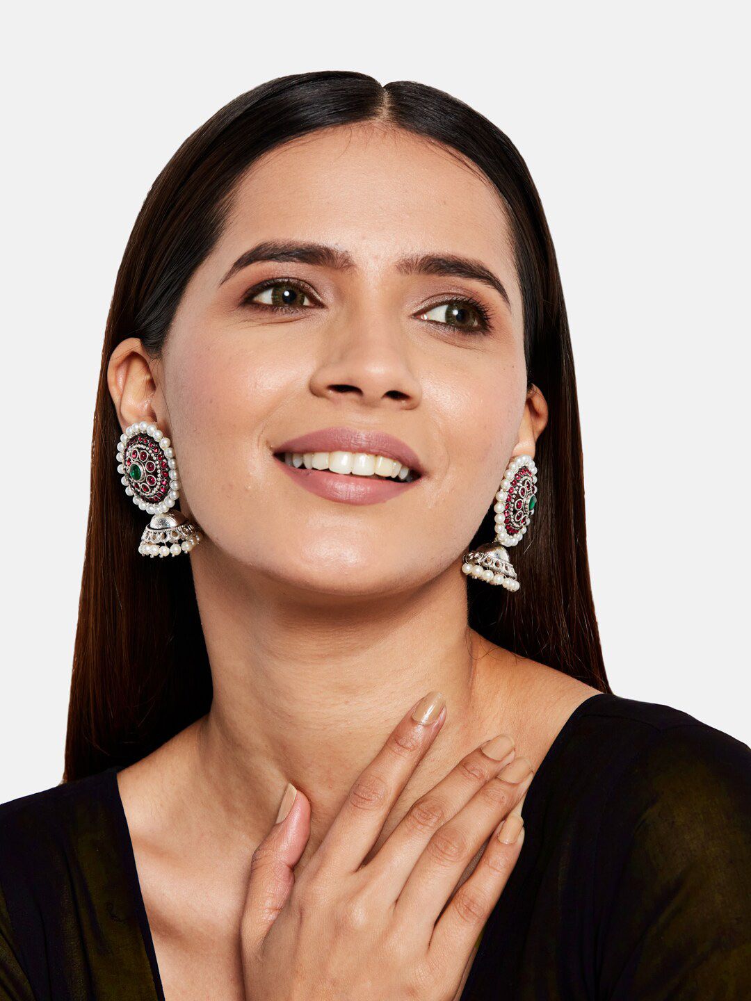 ATIBELLE Silver-Plated & White Classic Jhumkas Earrings