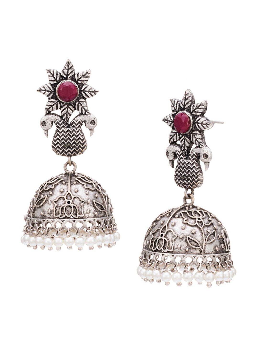 ATIBELLE Silver-Plated Peacock Shaped Jhumkas Earrings