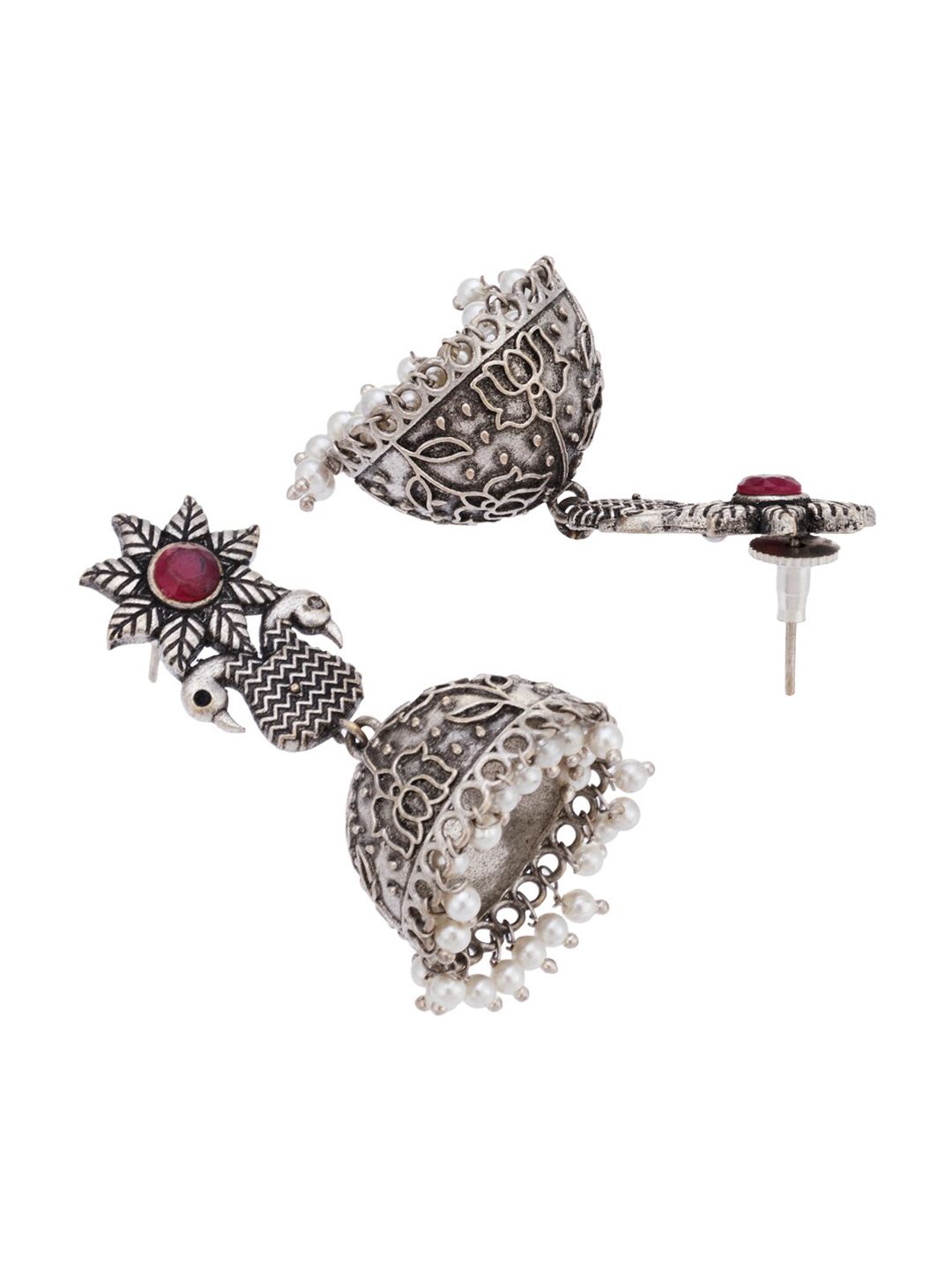 ATIBELLE Silver-Plated Peacock Shaped Jhumkas Earrings