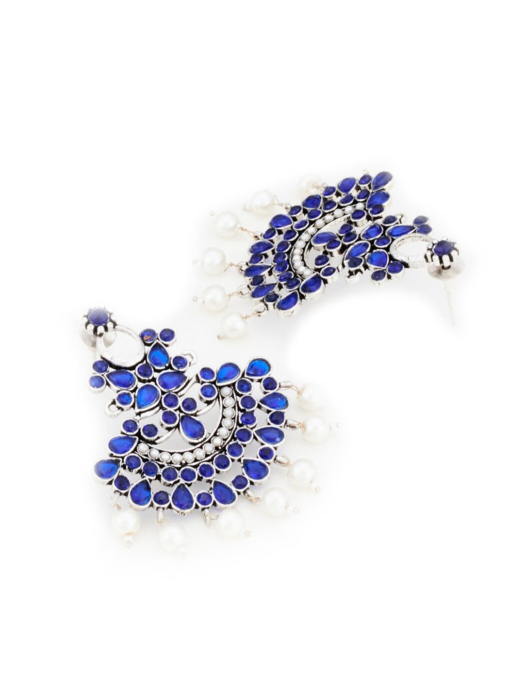ATIBELLE Silver-Plated & Blue Floral German Silver Chandbalis Earrings