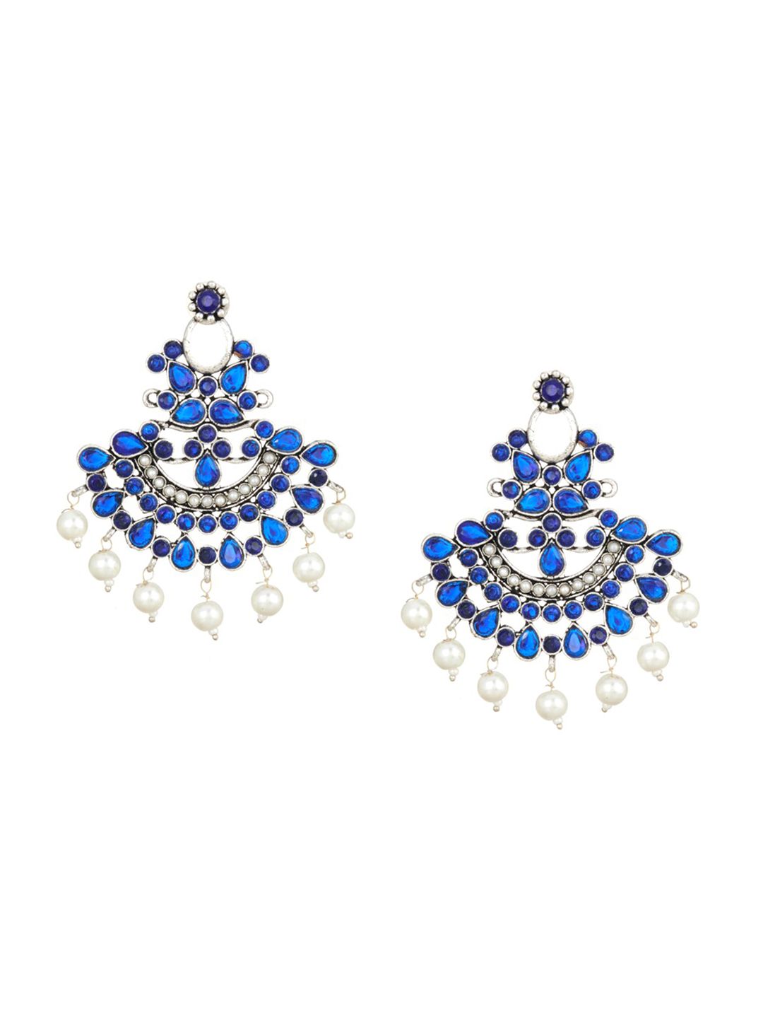 ATIBELLE Silver-Plated & Blue Floral German Silver Chandbalis Earrings