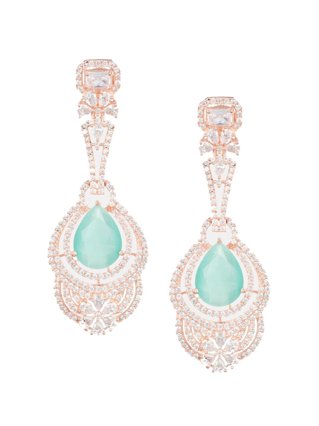 ATIBELLE Gold-Plated & Blue American Diamond Studded Contemporary Drop Earrings