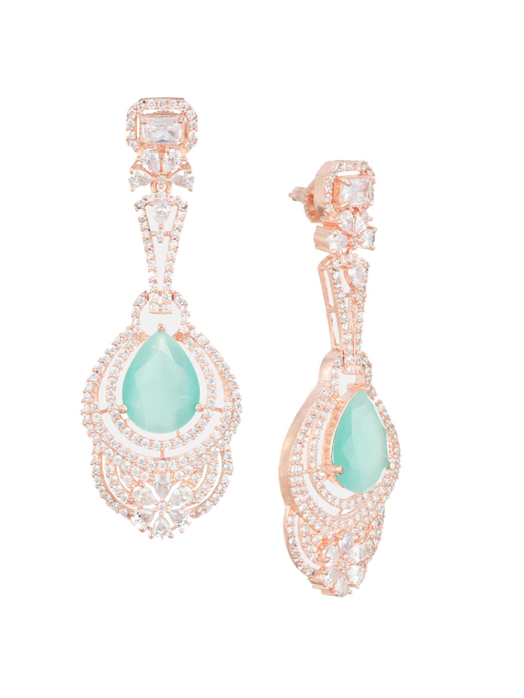 ATIBELLE Gold-Plated & Blue American Diamond Studded Contemporary Drop Earrings