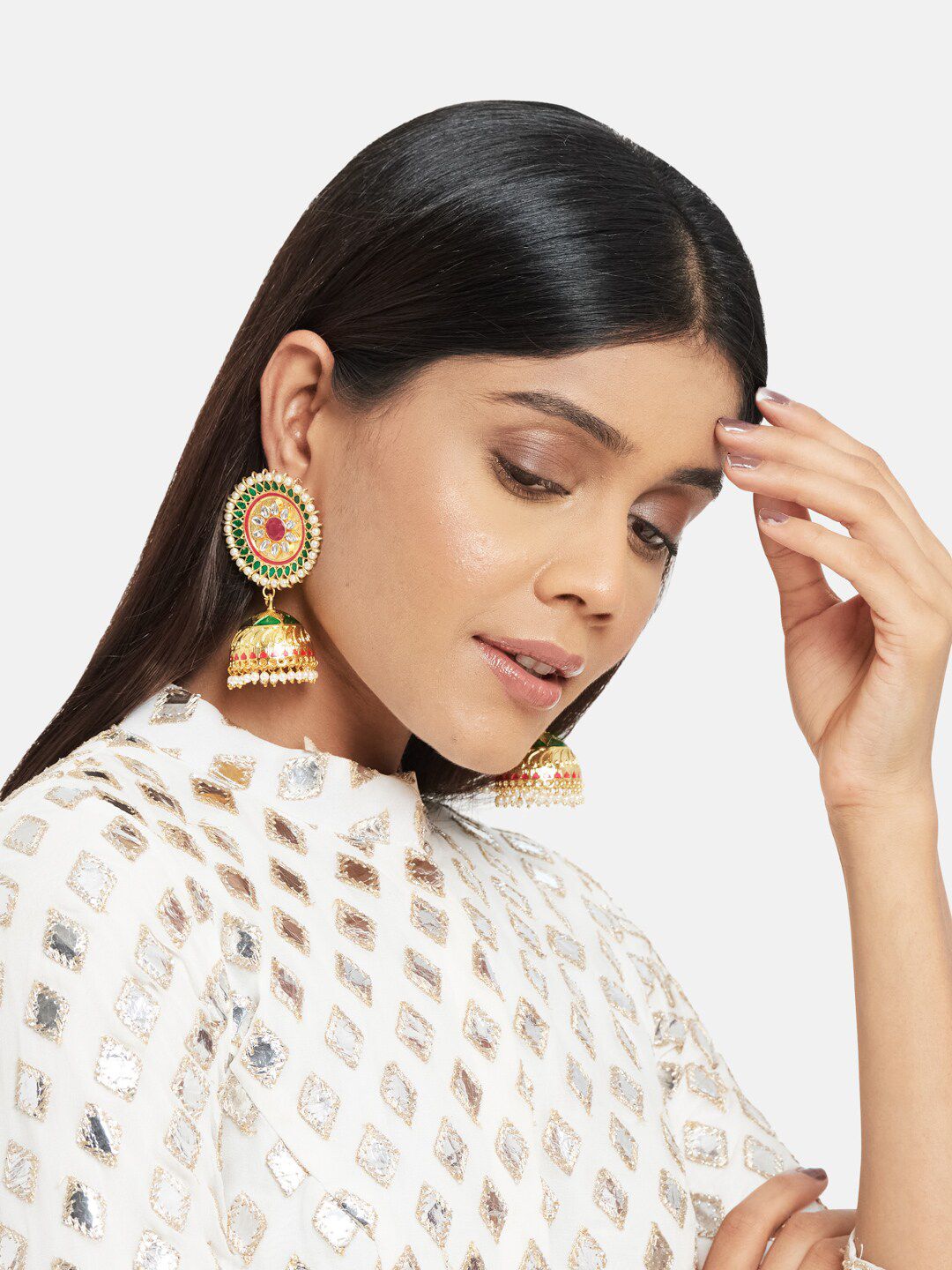 ATIBELLE Gold-Plated Kundan Dome-Shaped Jhumkas
