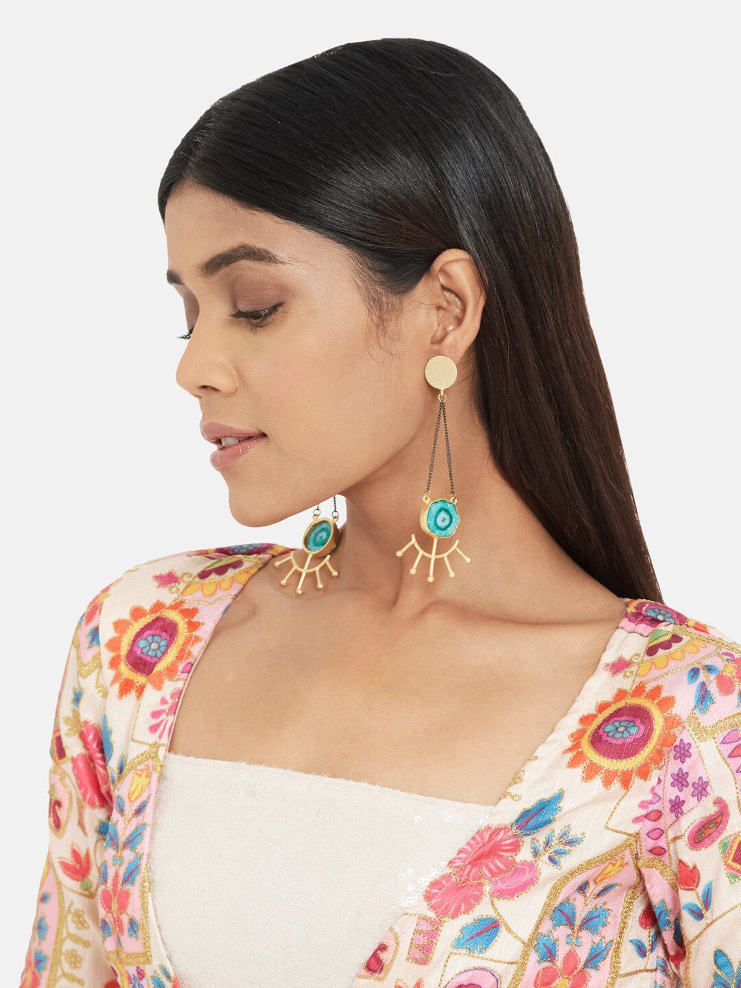 ATIBELLE Gold-Plated & Turquoise Blue Contemporary Drop Earrings