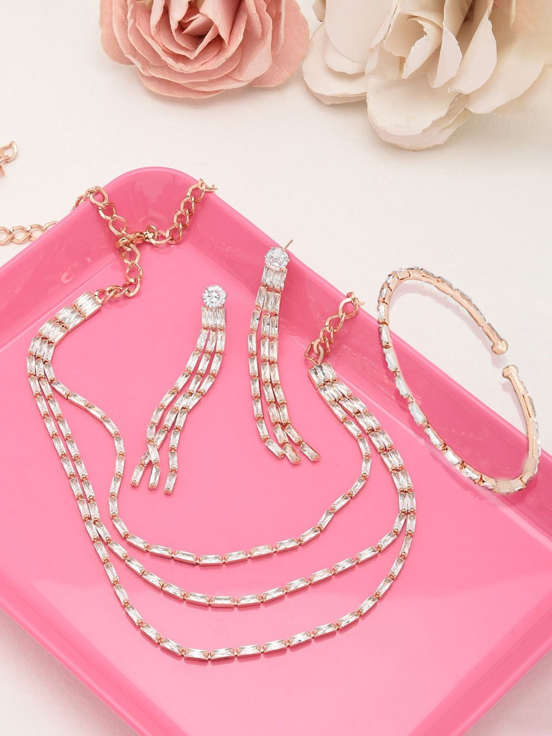 Zaveri Pearls Rose Gold-Plated White CZ-Studded Jewellery Set-picture-40