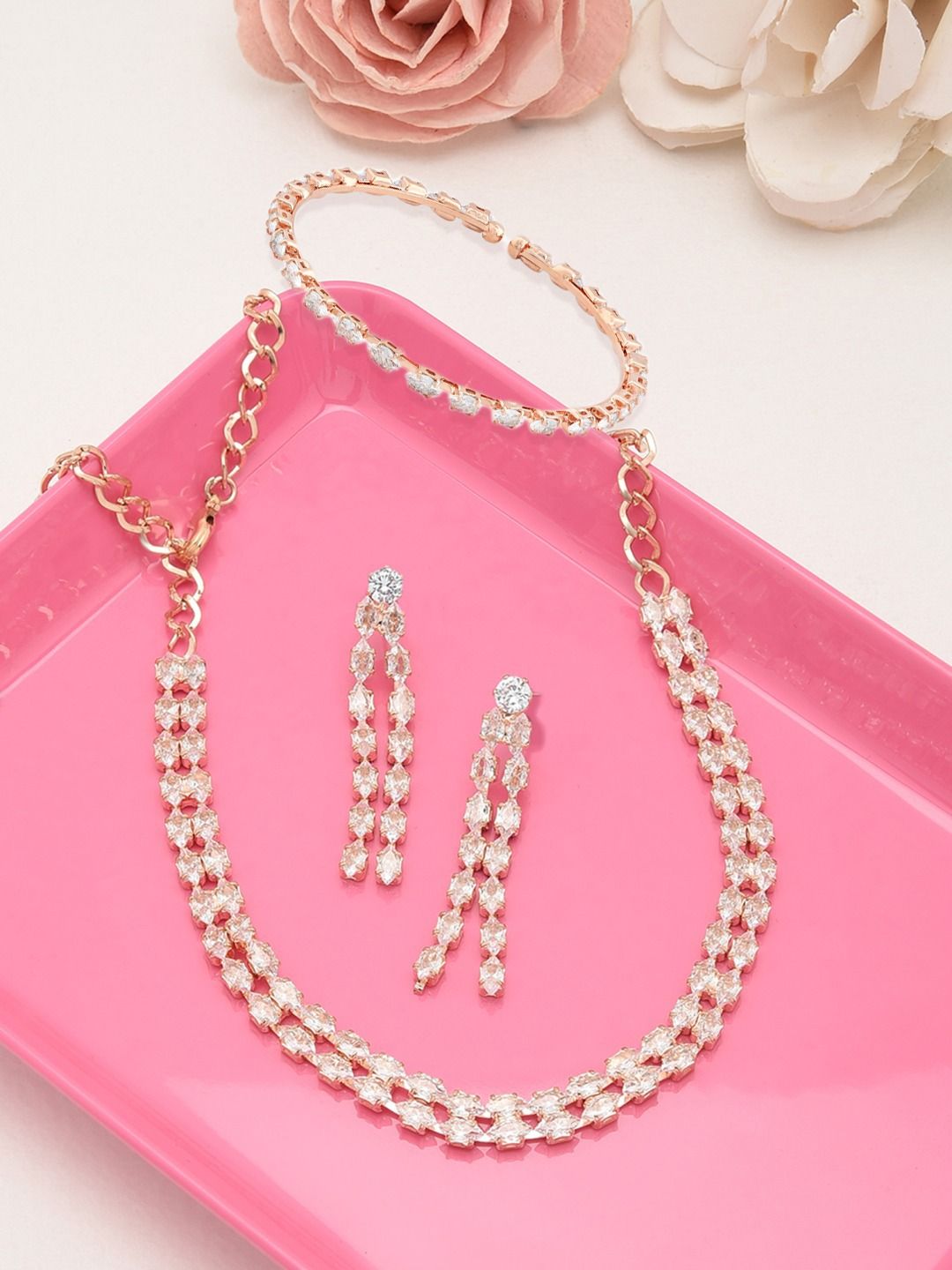 Zaveri Pearls Rose Gold-Plated White CZ-Studded Jewellery Set-picture-39