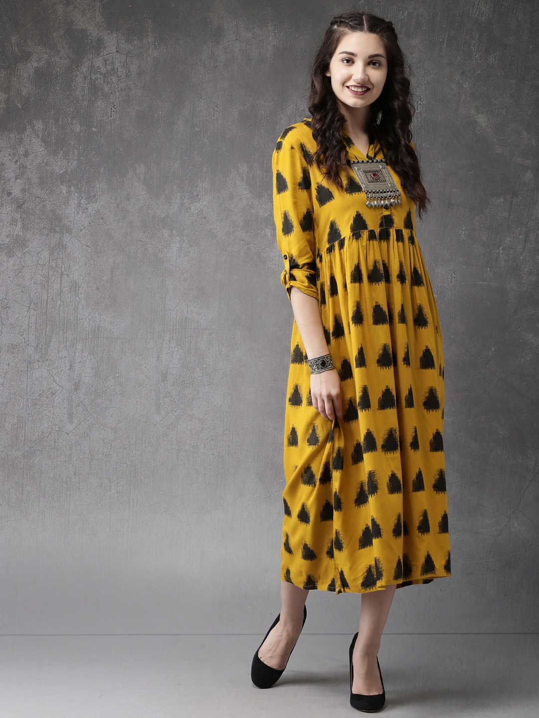 Anouk Women Mustard Yellow & Black Printed A-line Fusion Kurta
