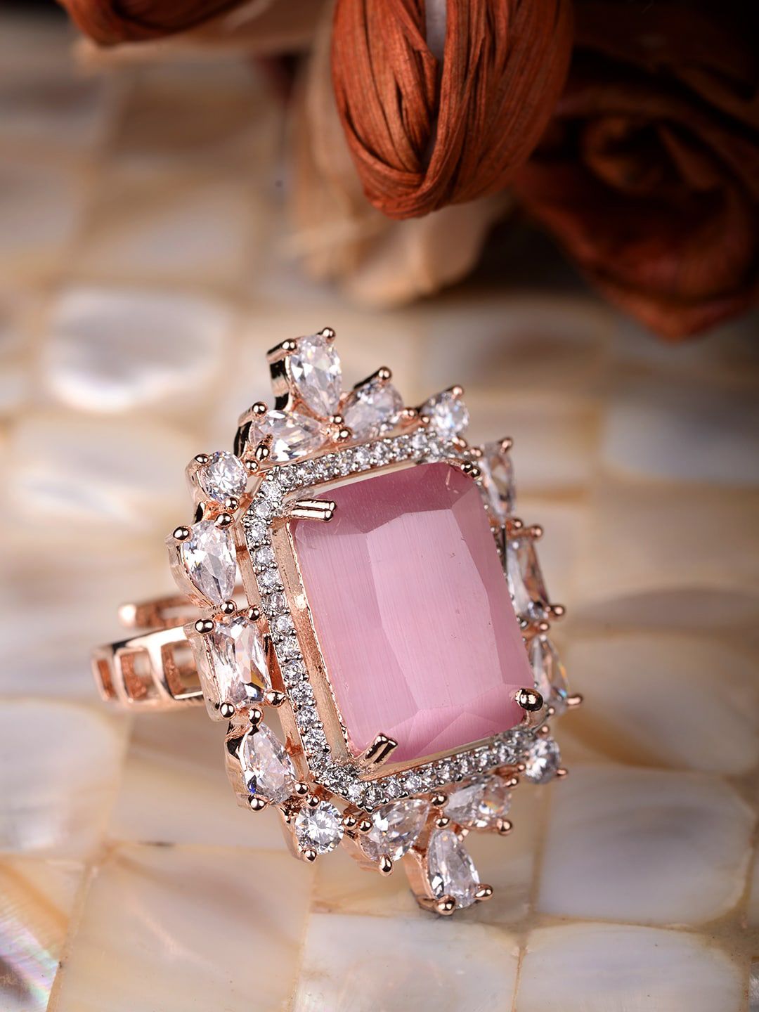 Saraf RS Jewellery Rose Gold Plated Pink AD-Studded Adjustable Finger Ring-picture-12