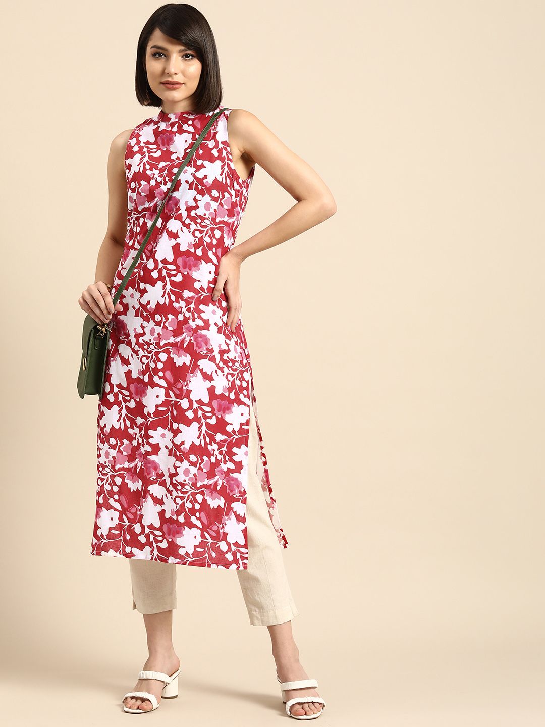 Anouk Women Maroon & White Floral Printed Pure Cotton Kurta-picture-18