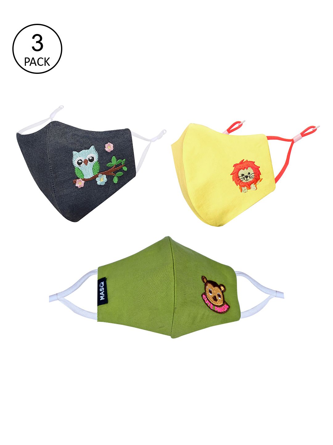 MASQ Kids Pack Of 3 Embroidered 4-Ply Pure Cotton Adjustable Cloth Masks