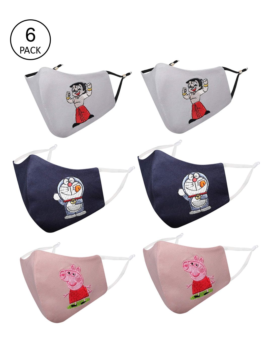 MASQ Kids Pack Of 6 Blue & Pink Cartoon Characters 4-Ply Reusable Outdoor Face Mask