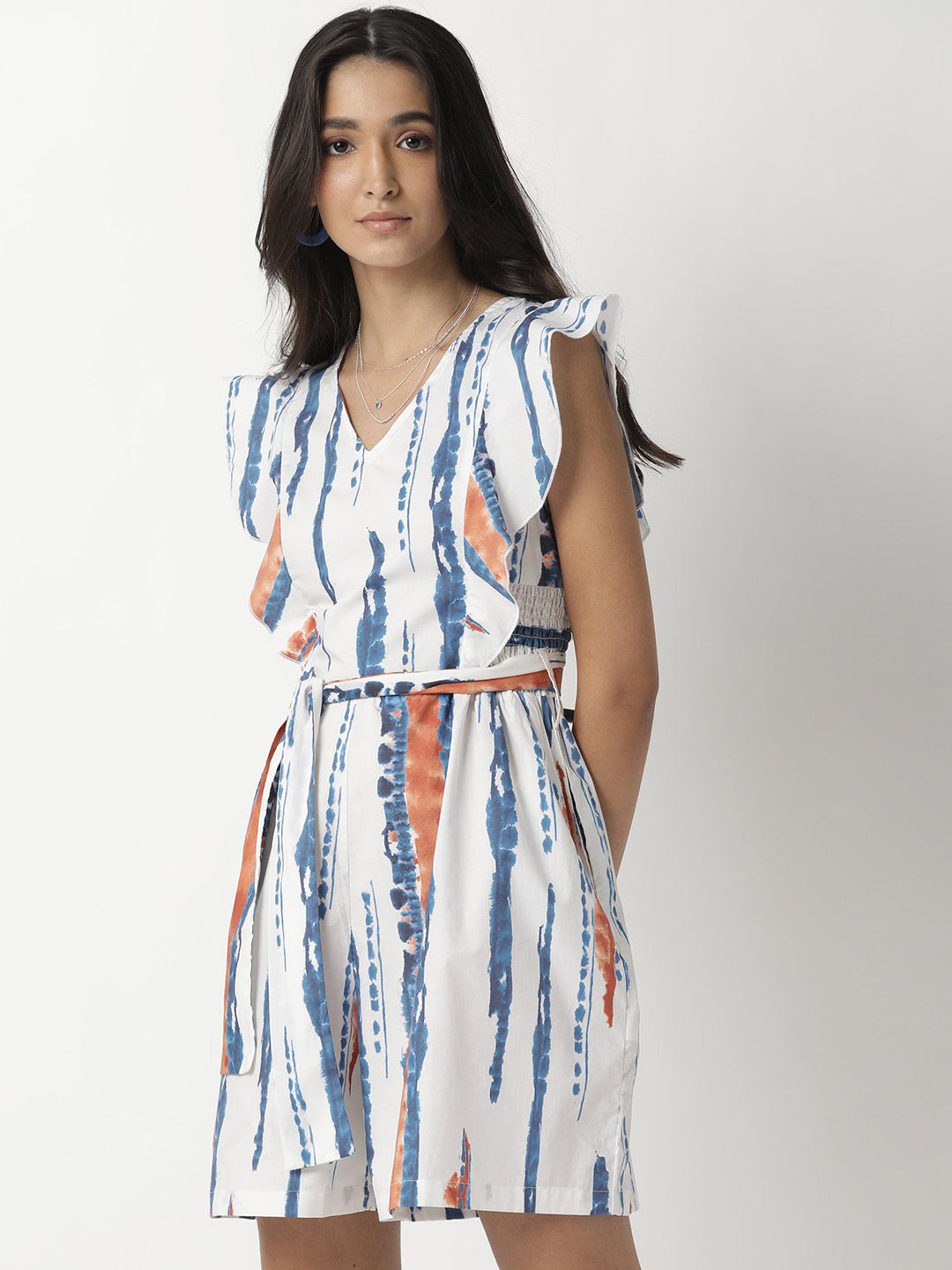 RAREISM Off-White & Blue Tie & Dye Printed Ruffled Cotton Playsuit-picture-14