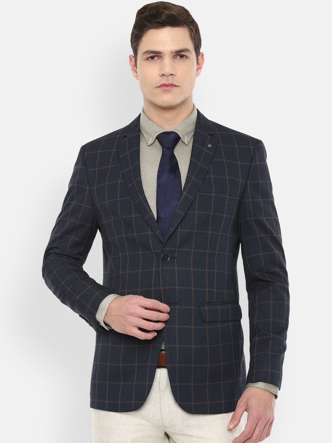 Buy Louis Philippe Men Navy Blue & Beige Slim Fit Checked Single Breasted  Smart Casual Blazer - Blazers for Men 11549846