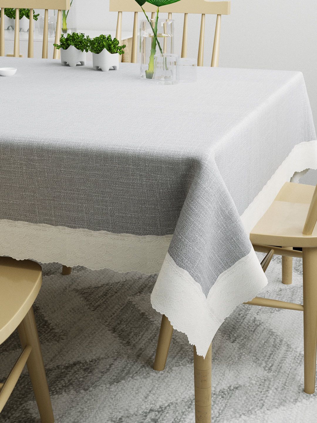 DREAM WEAVERZ Grey & White Solid 6-Seater Table Cover-image-1
