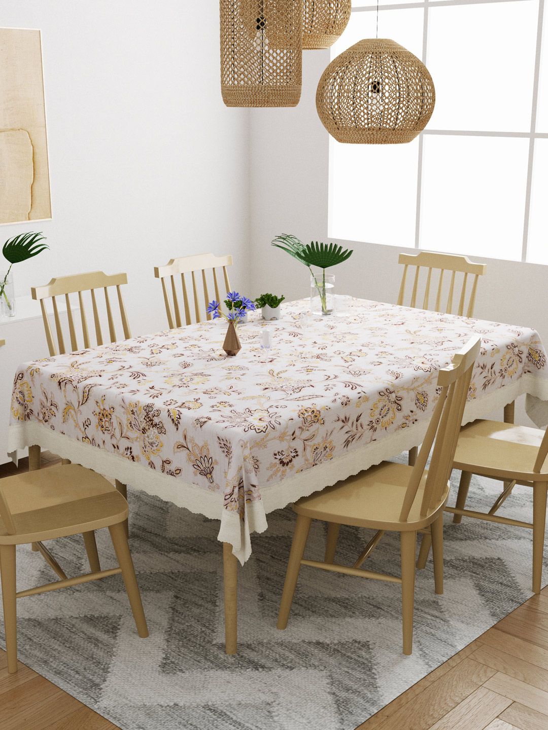 DREAM WEAVERZ Cream & Brown Floral Printed 6-Seater Table Cover
