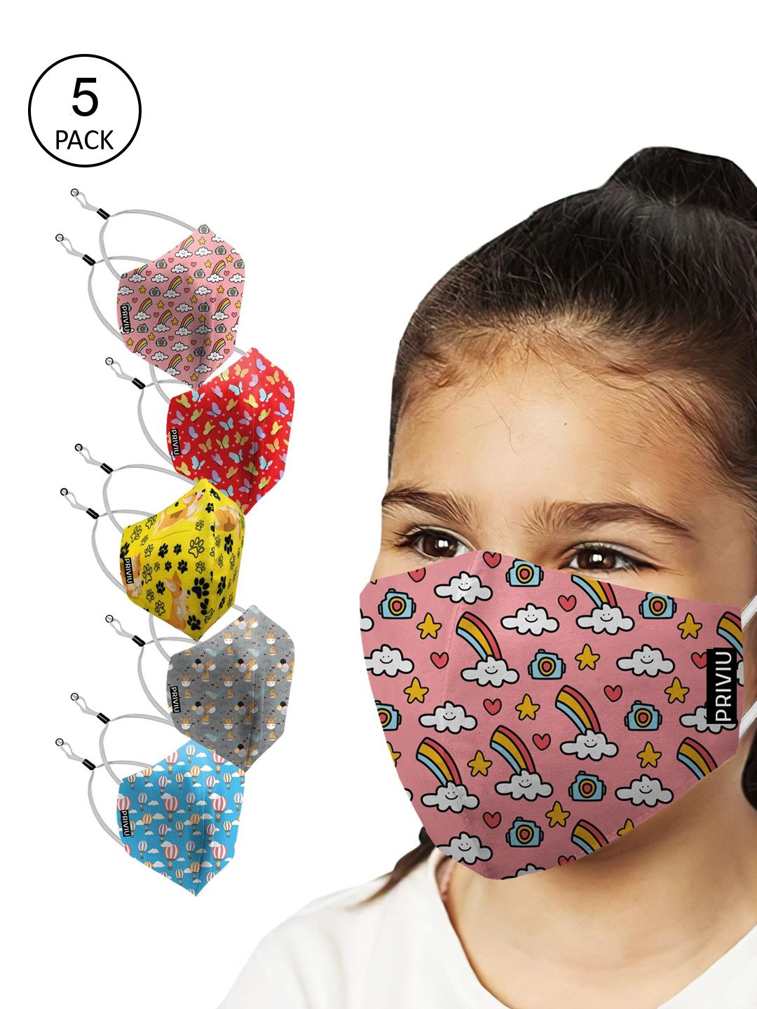 PRIVIU Kids Pack Of 5 Multi-Coloured Printed 4-Ply Reusable Cloth Mask