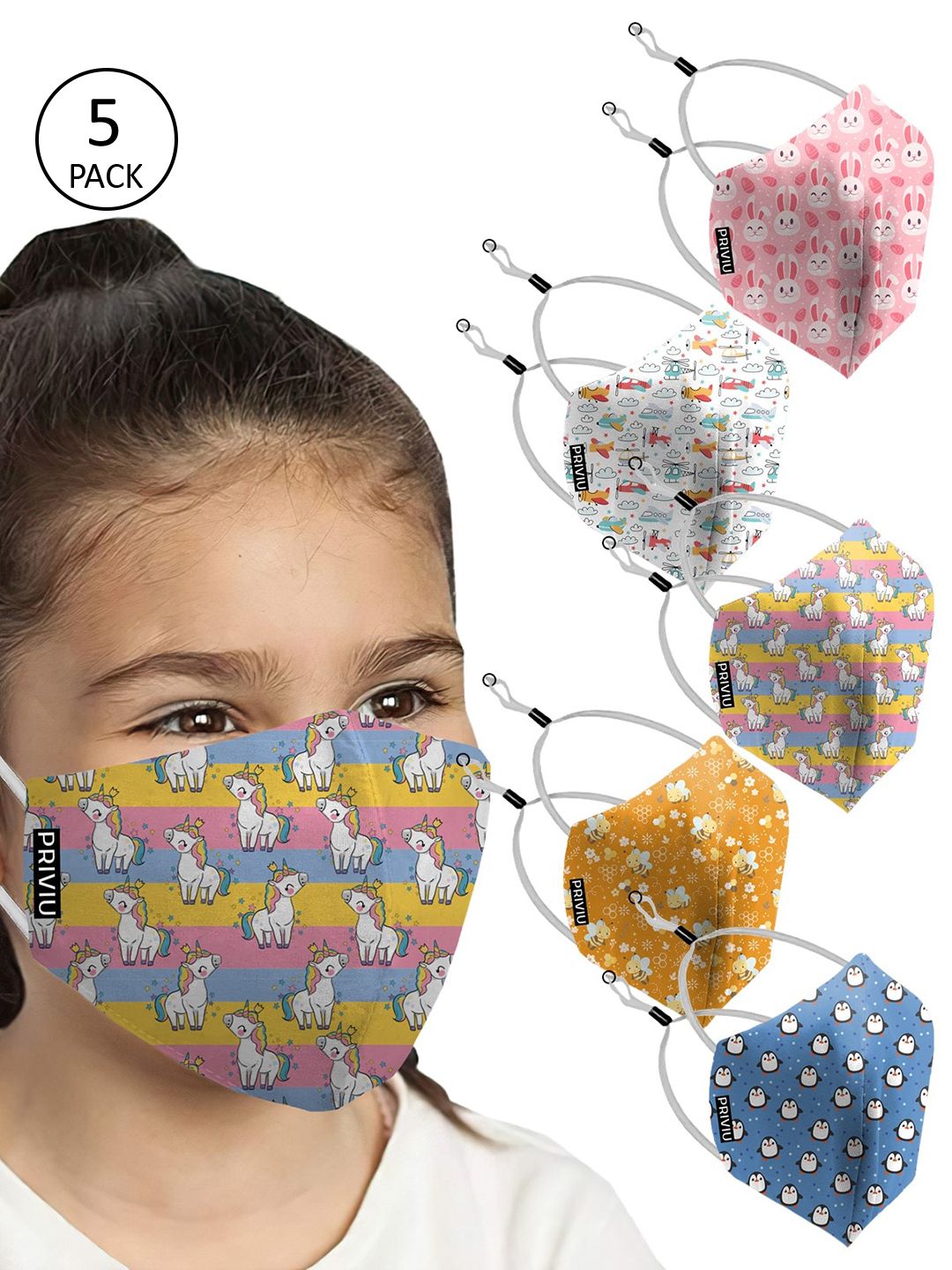PRIVIU Kids Pack Of 5 Multi-Coloured Printed 4-Ply Reusable Cloth Mask