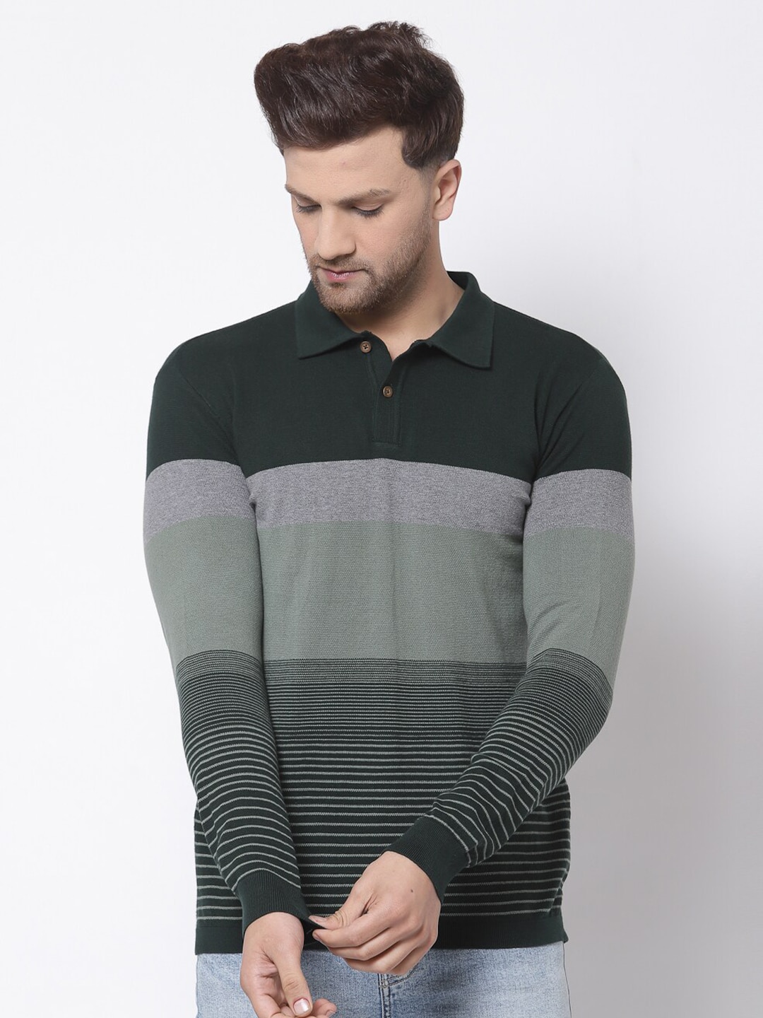 Kalt Men Green & Black Striped Polo Collar T-shirt