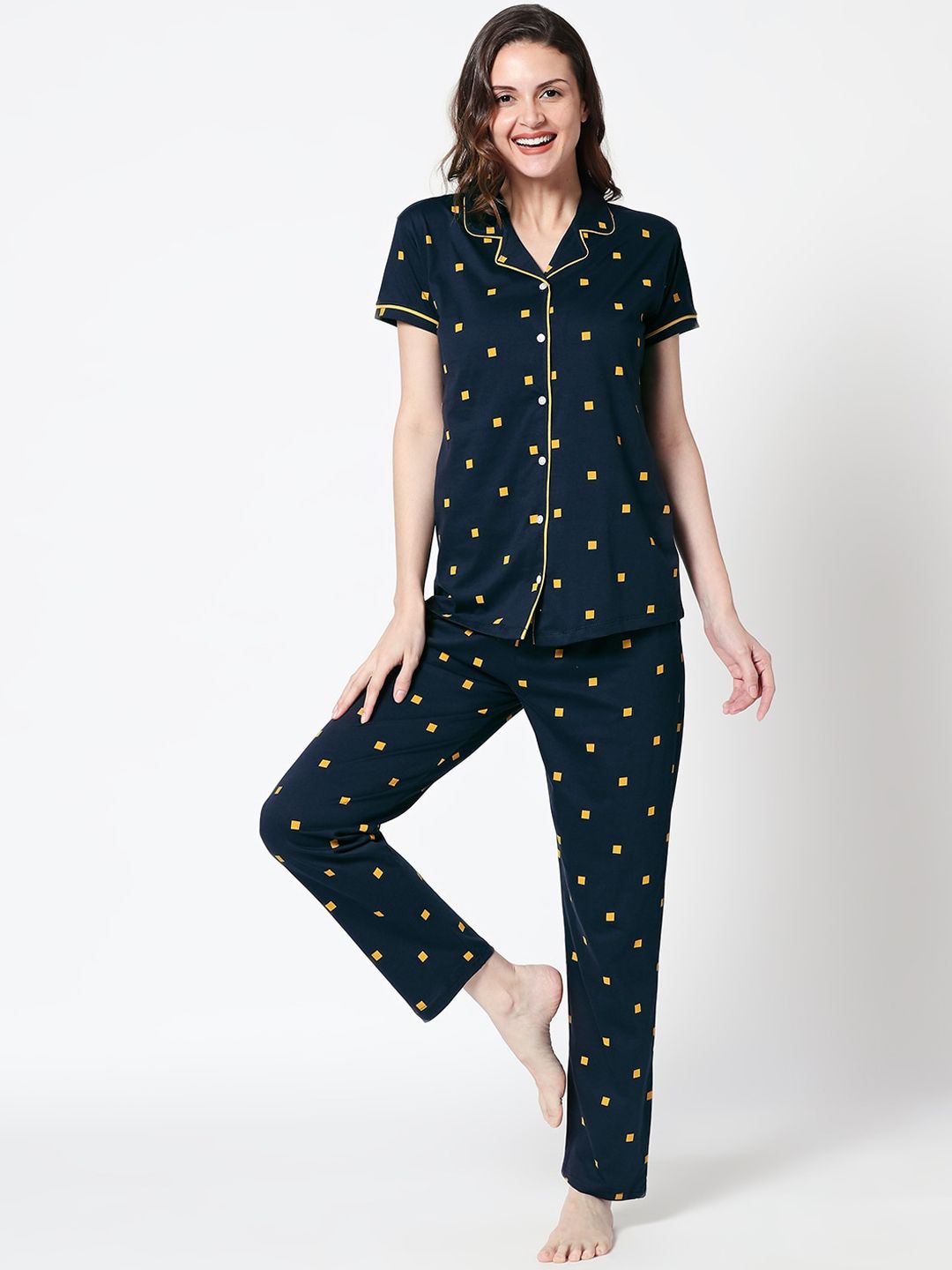 Zeyo Women Navy Blue & Mustard Yellow Printed Pure Cotton Night suit-picture-46