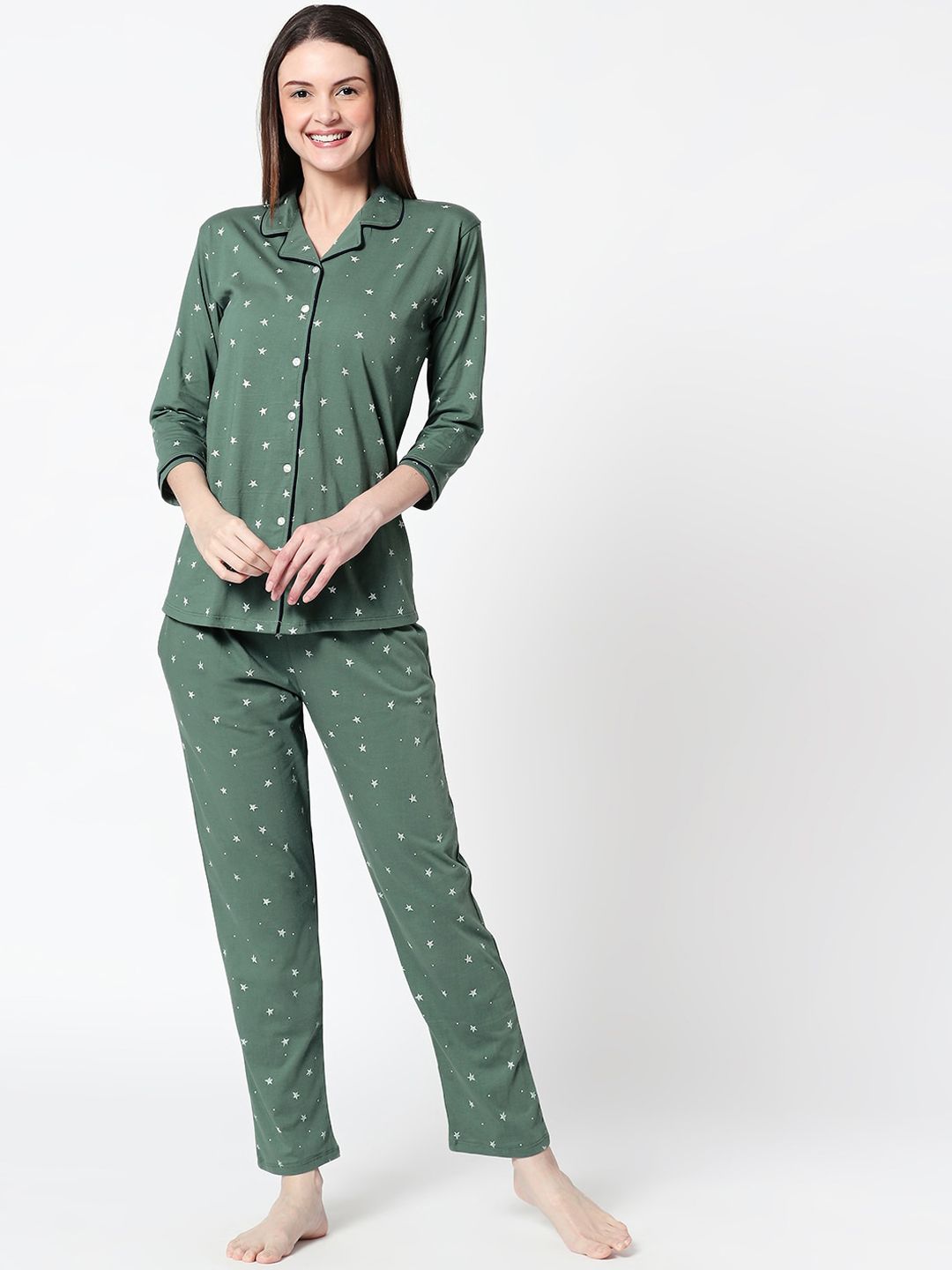 Zeyo Women Green & White Printed Pure Cotton Night suit-picture-42