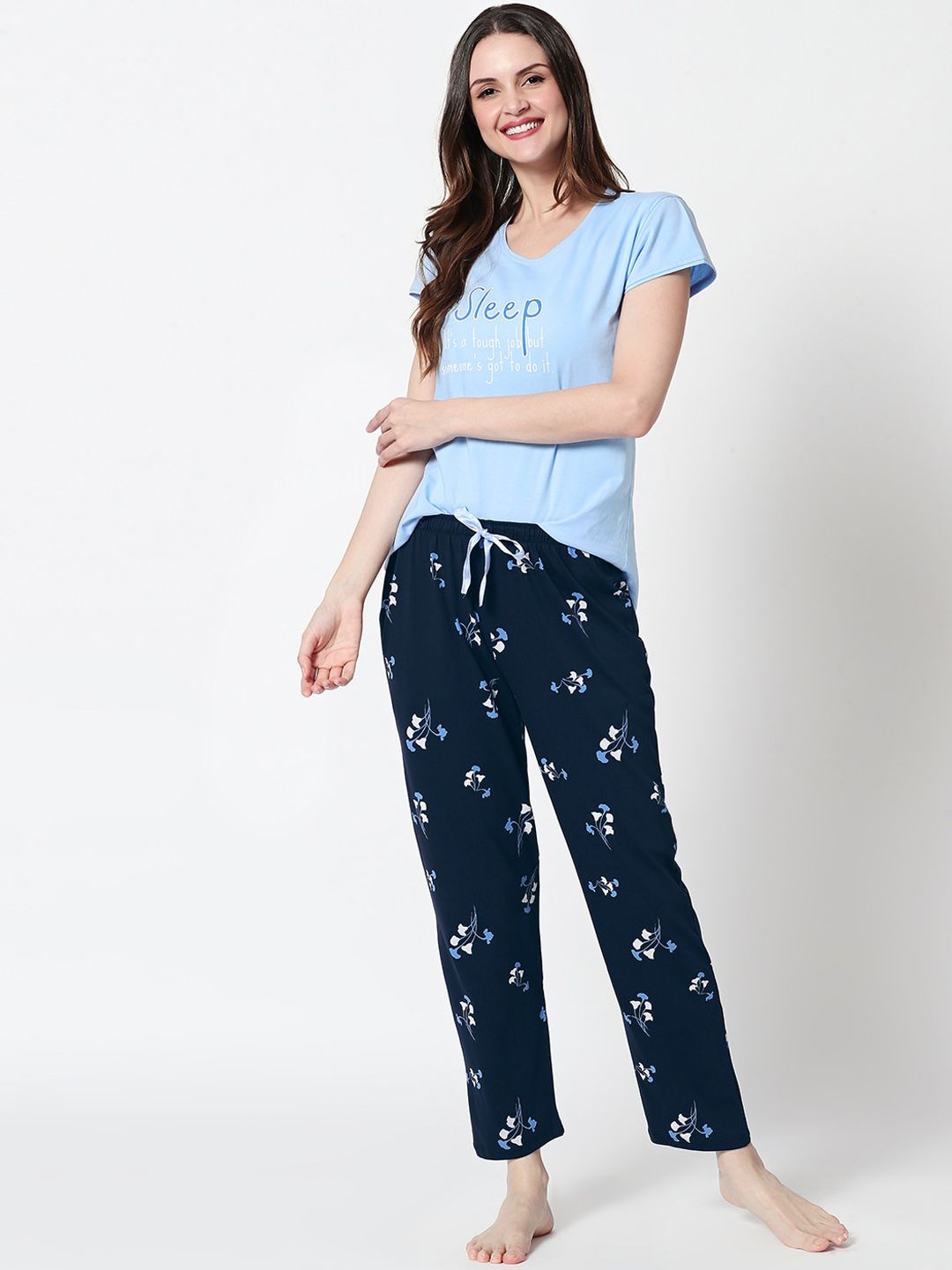 Zeyo Women Blue & White Printed Pure Cotton Night suit-picture-45