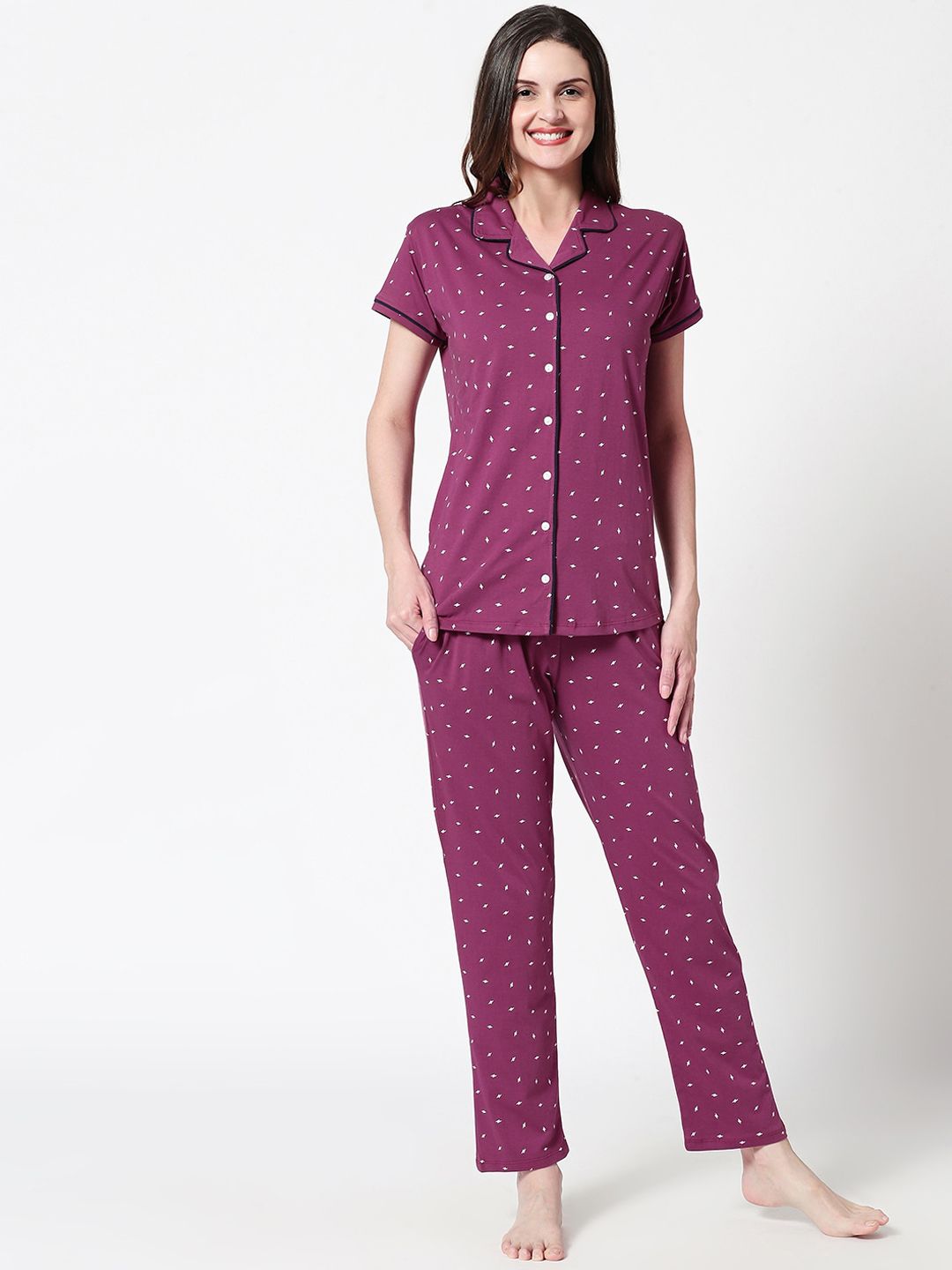 Zeyo Women Purple & White Printed Pure Cotton Night suit-picture-51
