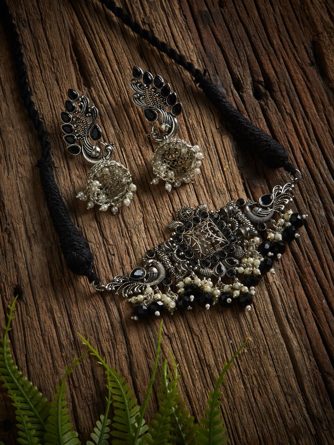 ATIBELLE Silver-Plated Black Stone-Studded Oxidised Choker Jewellery Set