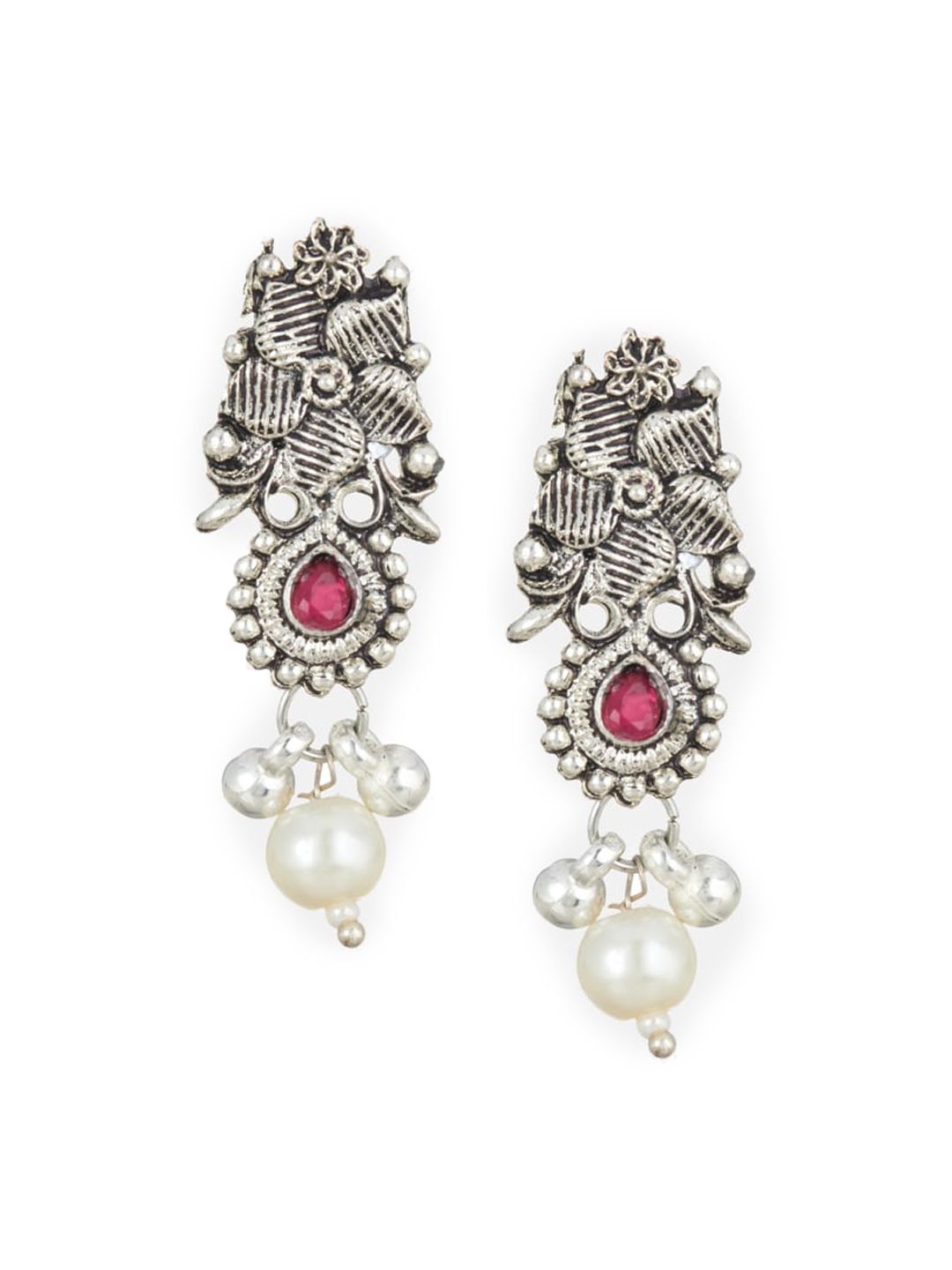 ATIBELLE Oxidised Silver-Plated Green & Pink Stone Studded Floral Jewellery Set