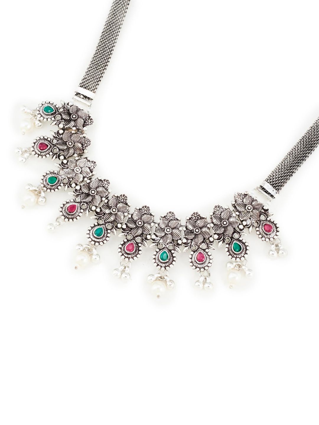 ATIBELLE Oxidised Silver-Plated Green & Pink Stone Studded Floral Jewellery Set