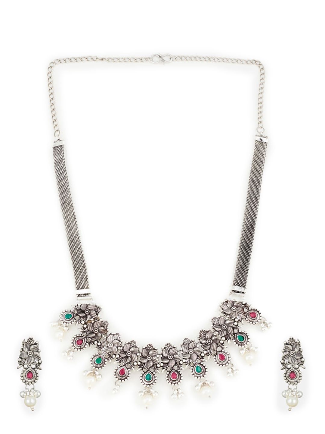 ATIBELLE Oxidised Silver-Plated Green & Pink Stone Studded Floral Jewellery Set