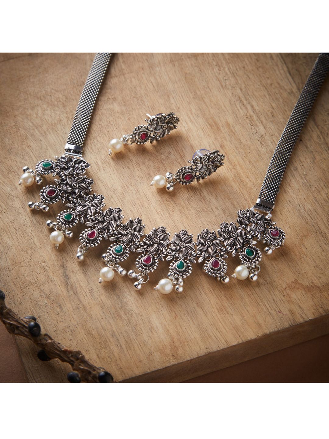 ATIBELLE Oxidised Silver-Plated Green & Pink Stone Studded Floral Jewellery Set